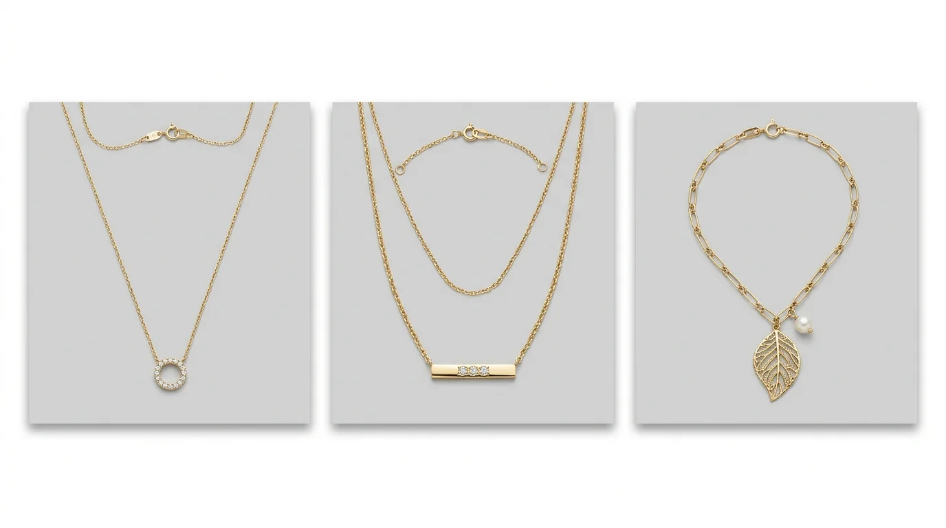 UGC photo of a retailer inspecting gold necklaces on a laptop screen in a bright office