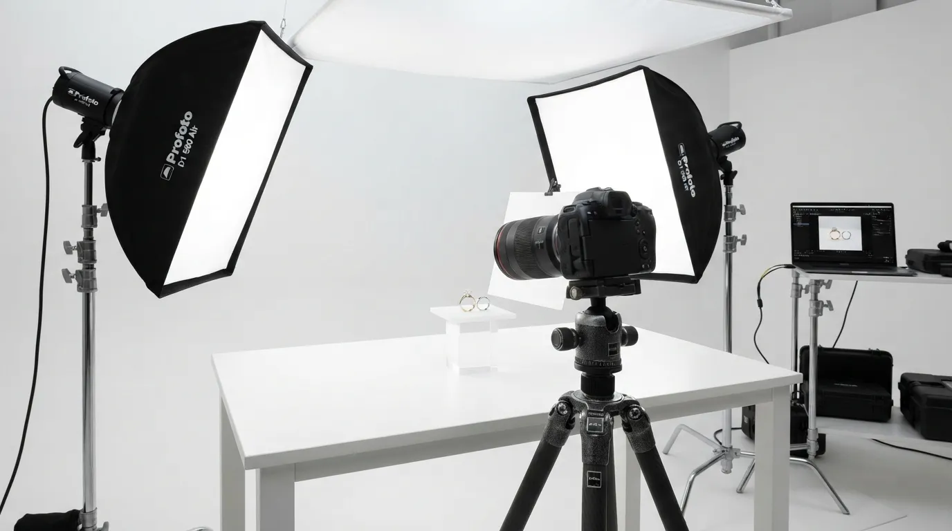 UGC photo of a professional studio lighting setup with a camera tripod and softboxes pointing at a white table