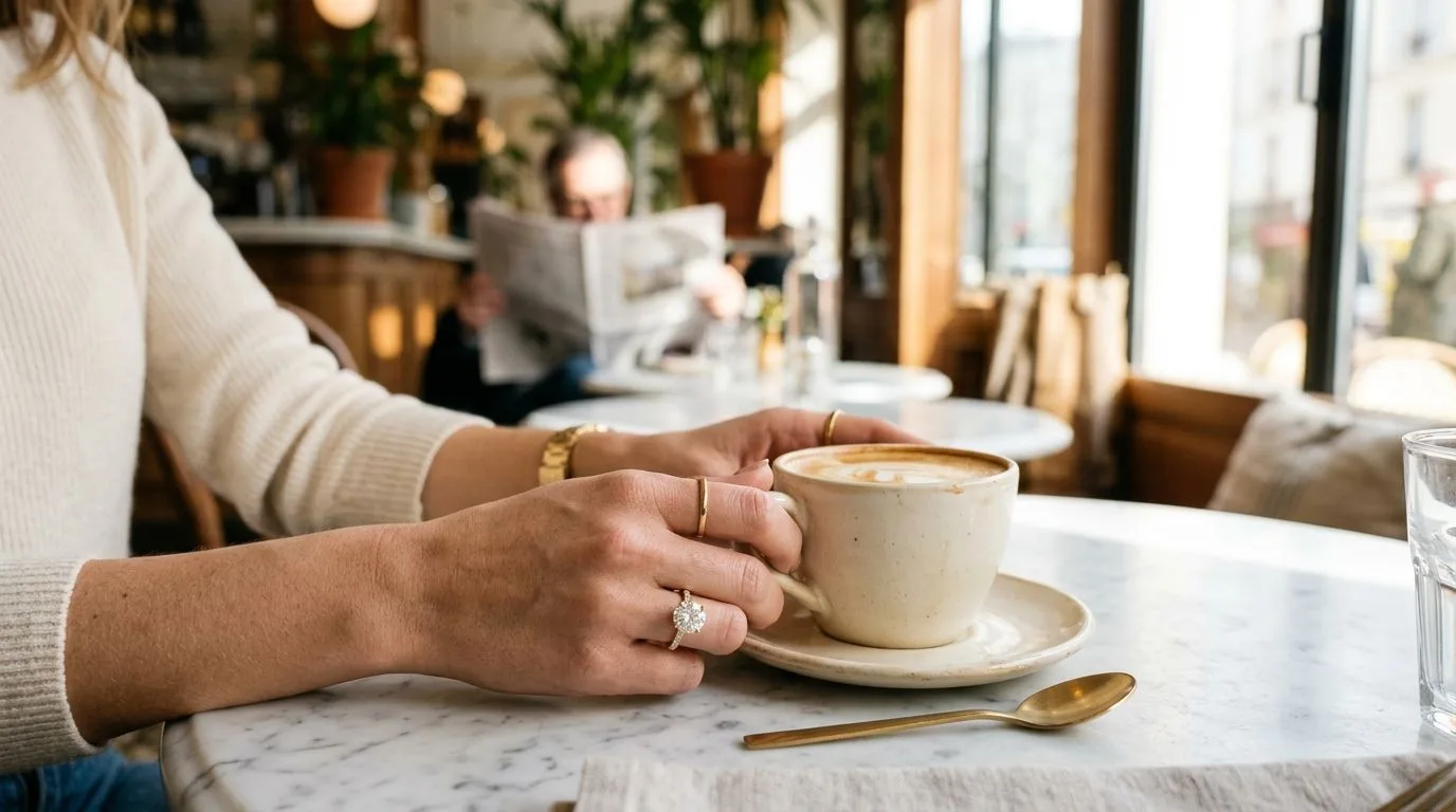 Gold diamond ring on hand holding ceramic coffee cup on sunlit marble table illustrating real-world lifestyle photography