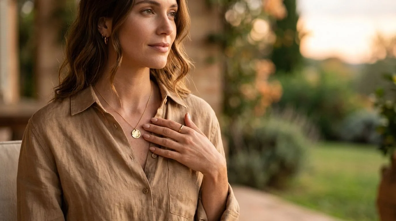 Model wearing a gold pendant necklace on a beige linen shirt in natural warm sunlight