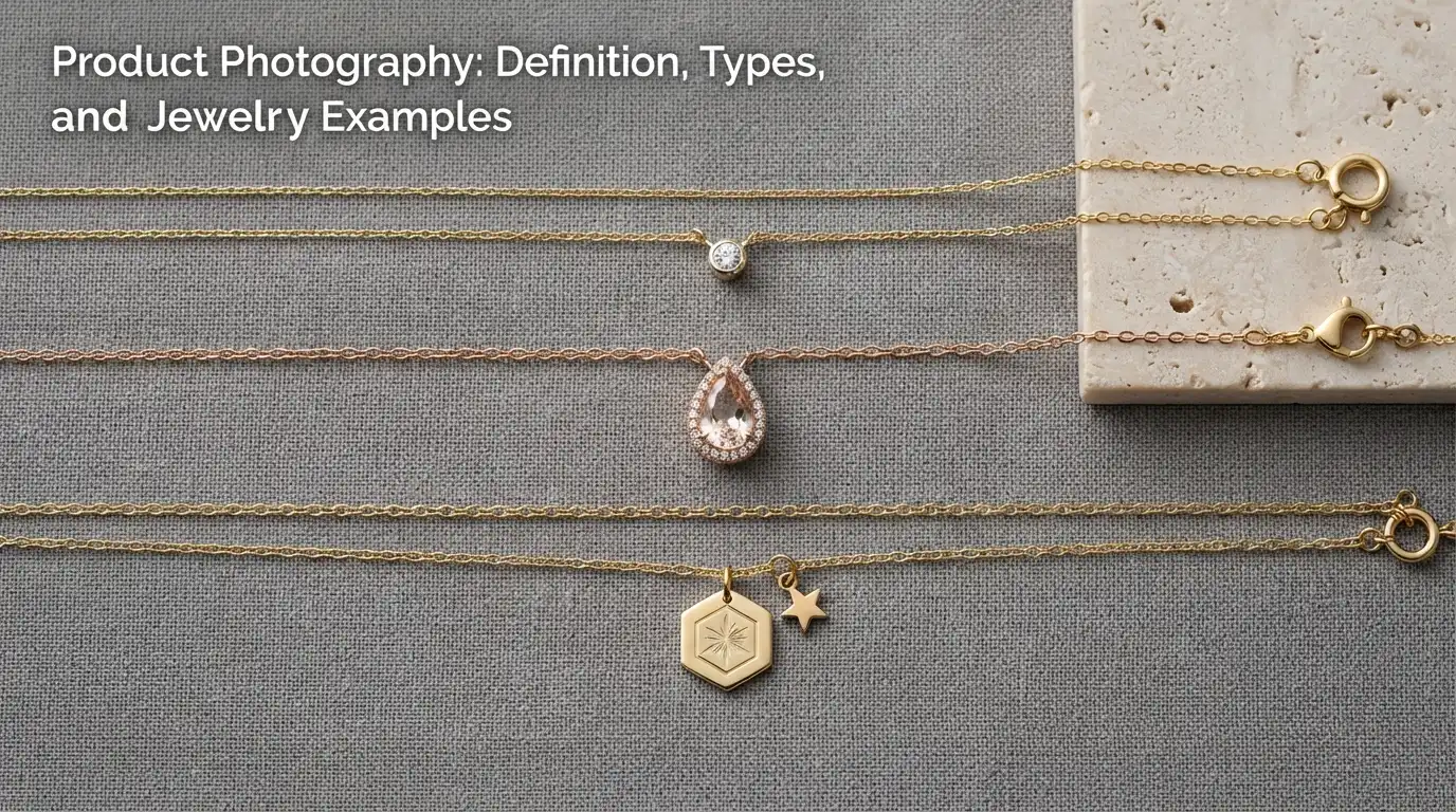 Clean overhead flat lay photo of three gold necklaces arranged neatly on a grey linen background