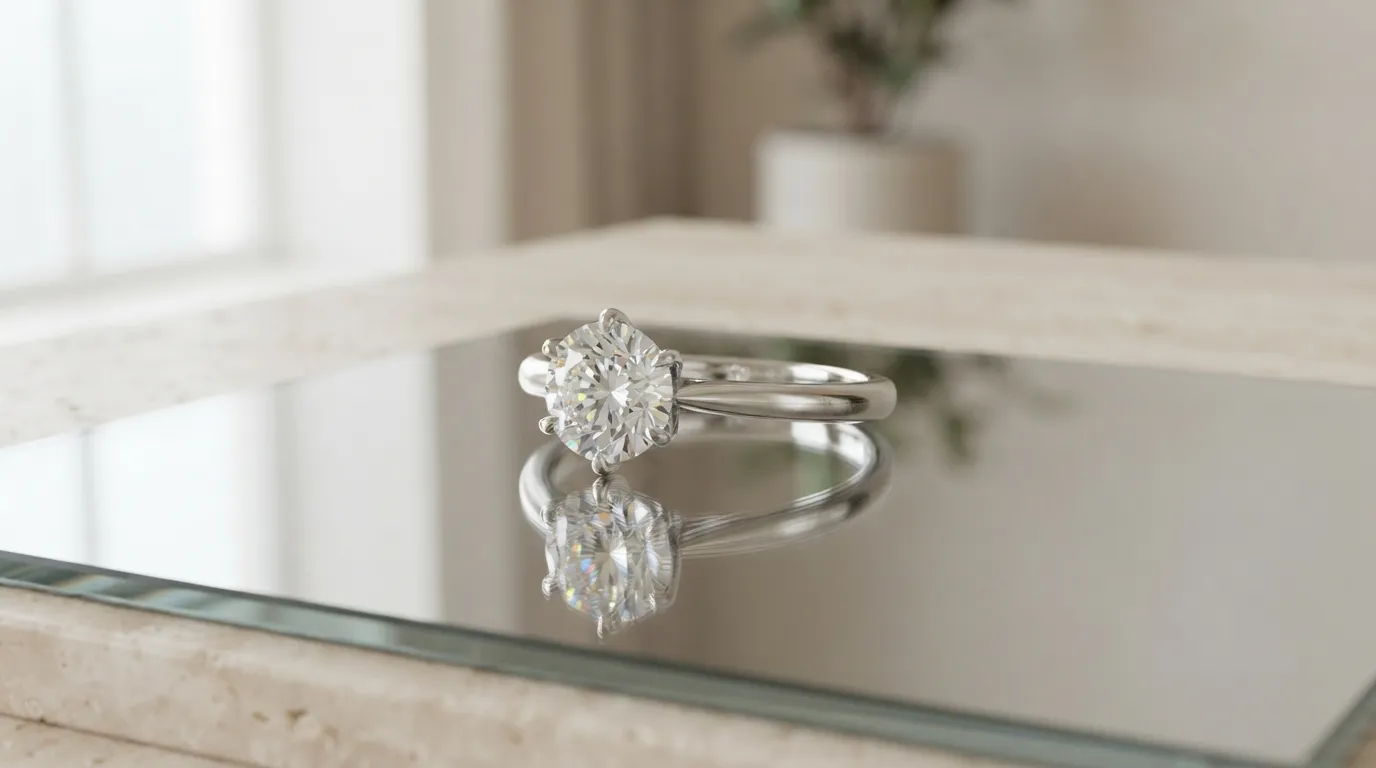 Close-up UGC-style photo of a solitaire diamond engagement ring reflecting on a glass surface
