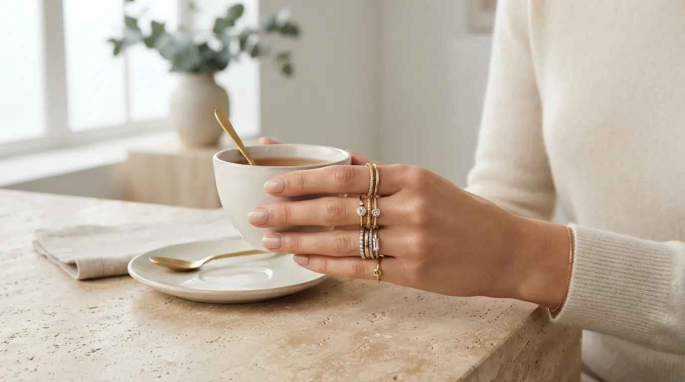 UGC-style lifestyle photo of a model wearing delicate gold stackable rings, holding a cup of tea