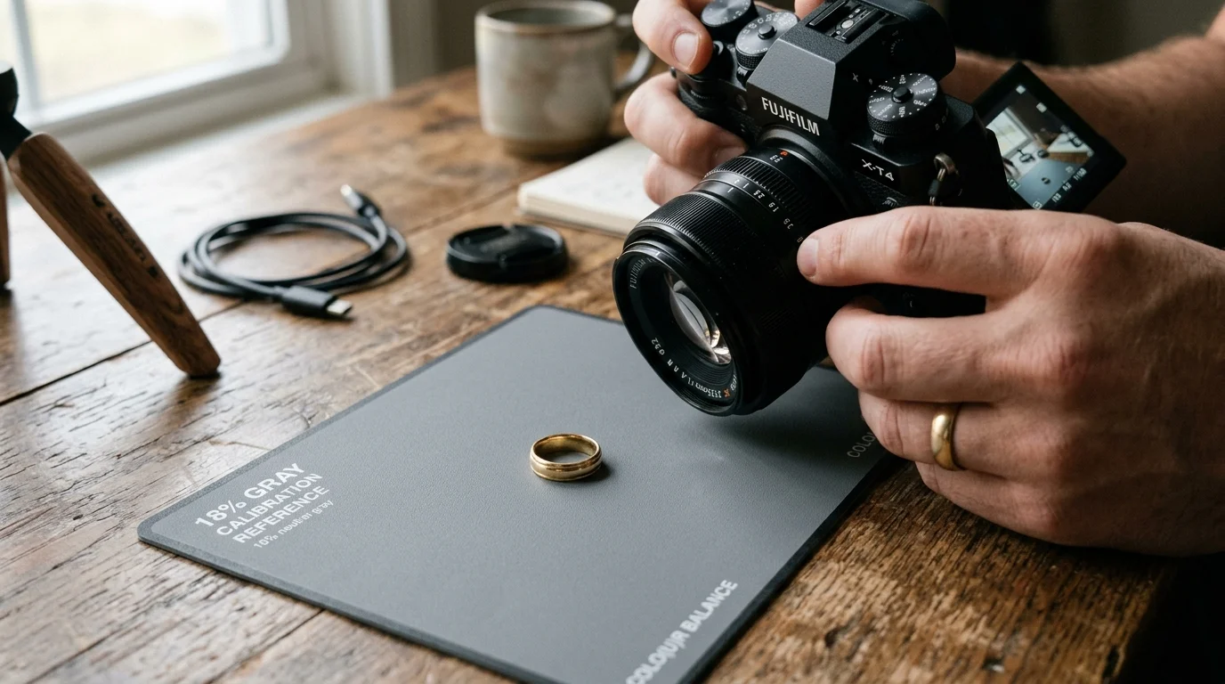 Close-up photo of hands holding a standard photographic grey card next to a gold ring to calibrate custom white balance
