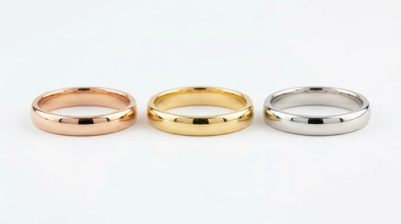 UGC photo of three rings: rose gold, yellow gold, and white gold side by side on a clean wooden table