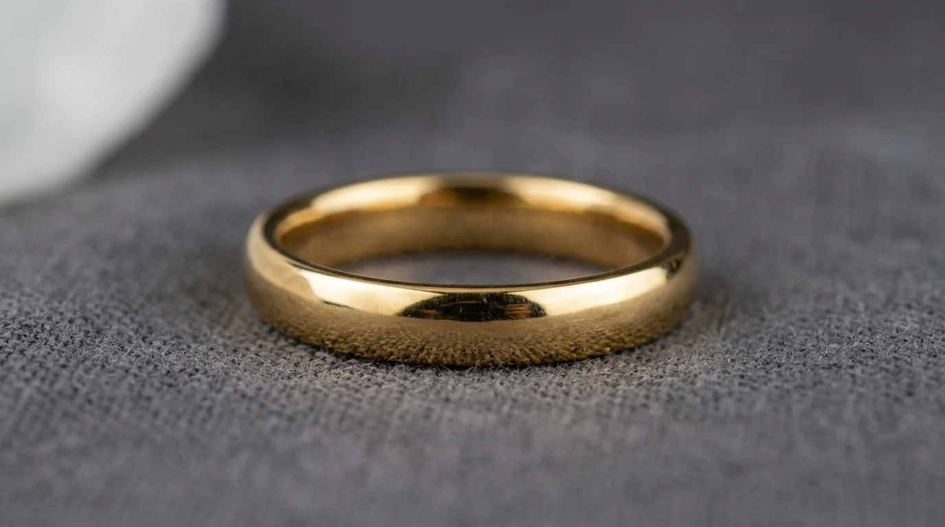 UGC close-up photo of a model wearing a gold ring, with natural sunlight highlighting the warm 22K yellow gold tones
