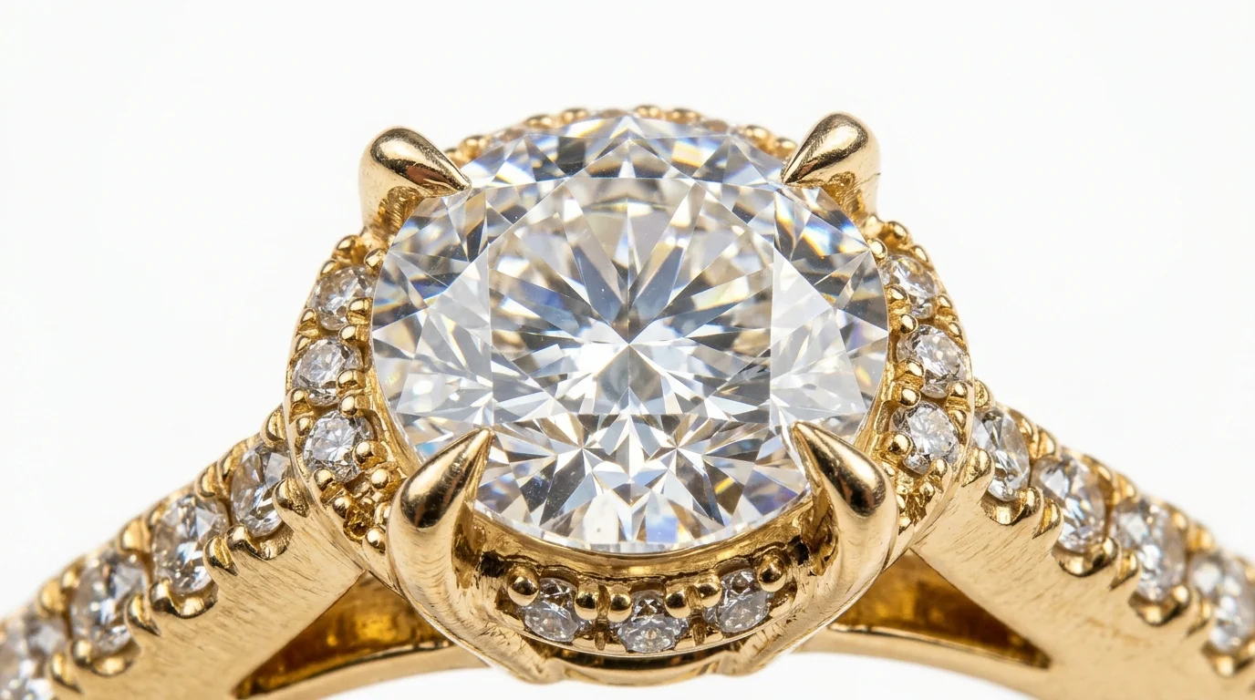 Extreme macro photo of diamond ring showing prong and gemstone details