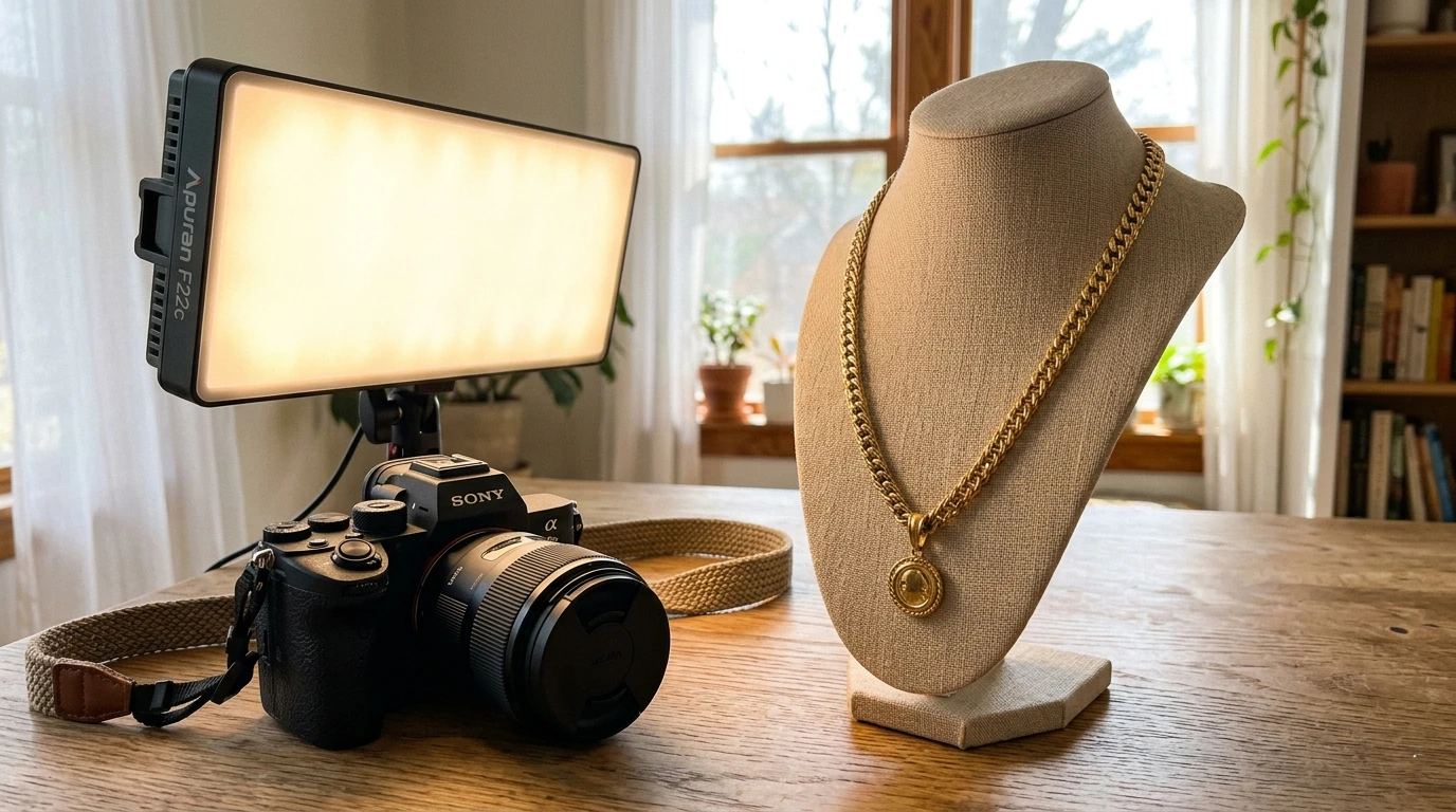 Camera and continuous LED panel lighting setup for jewelry video