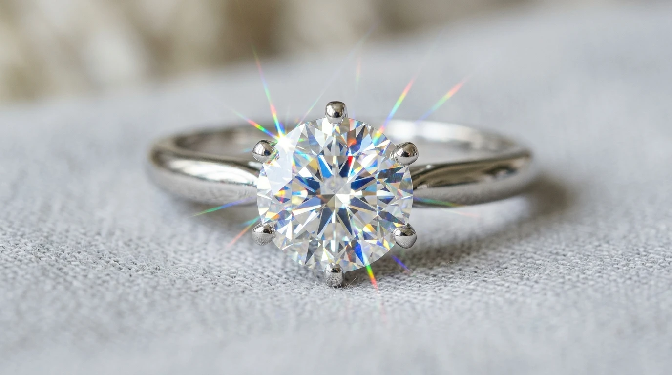 Macro photo of a diamond ring showing rainbow sparkles