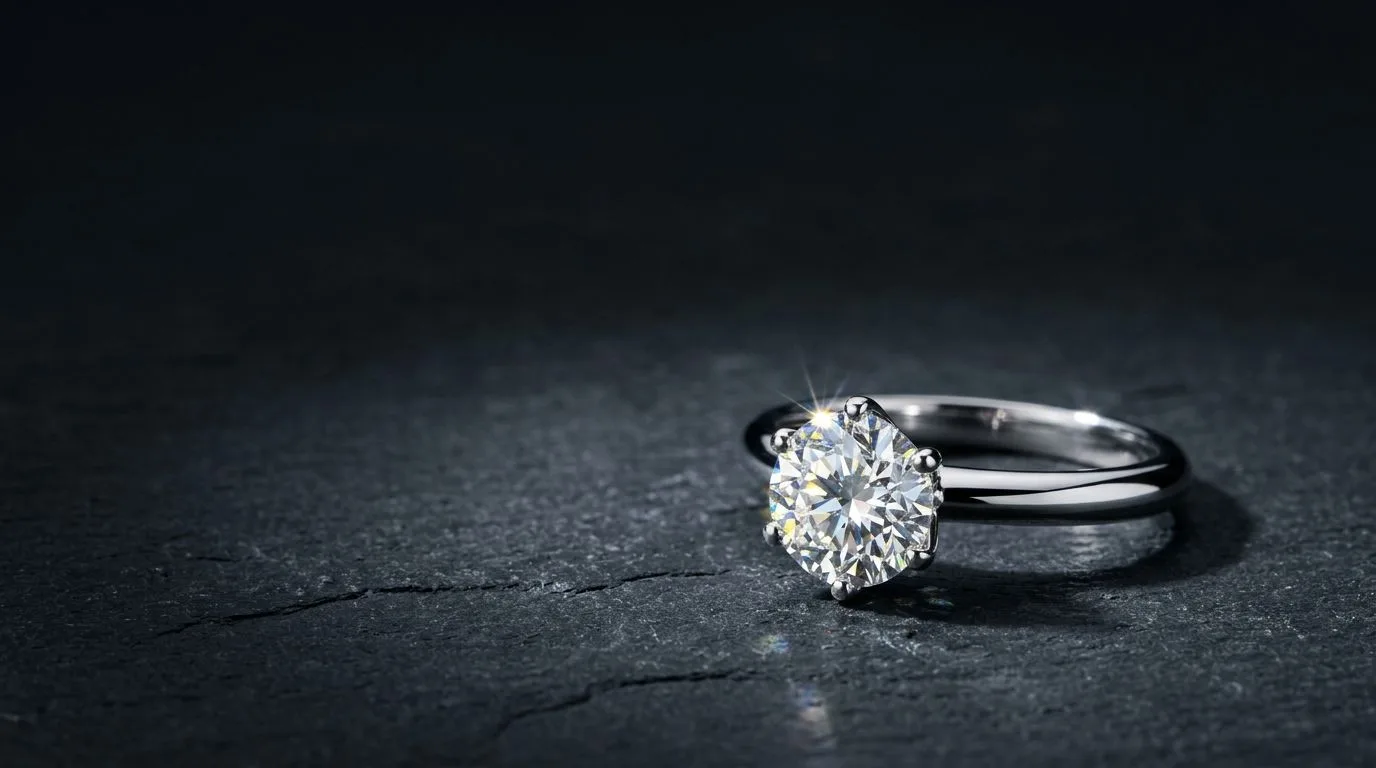 Hard key spotlight hitting a solitaire diamond ring on dark slate to capture maximum sparkle and facets