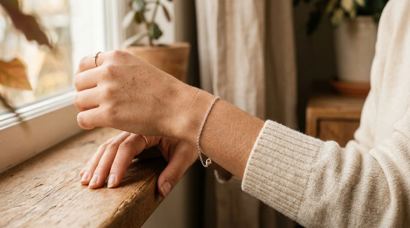 UGC photo of a model wearing a delicate silver bracelet in natural window light