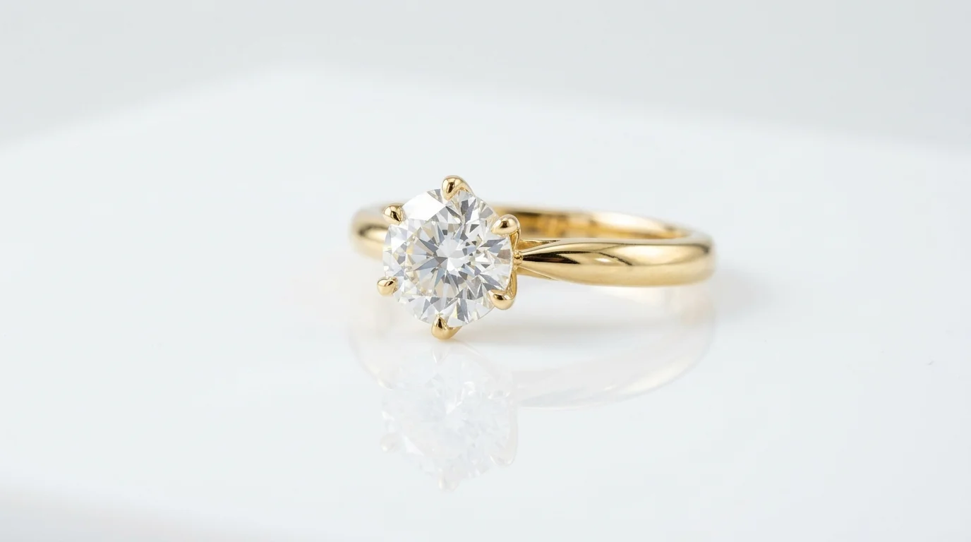 Gold ring standing on white reflective cast acrylic board