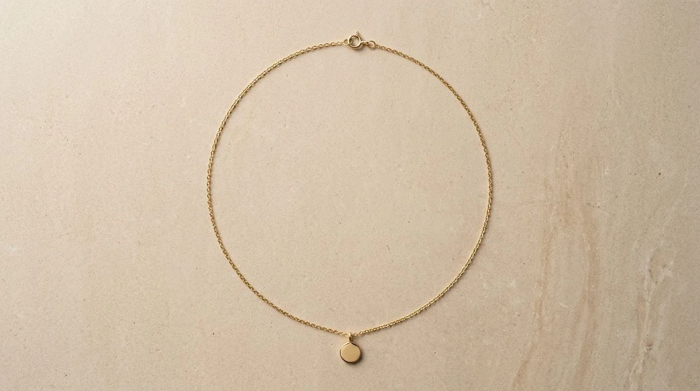 Overhead flat lay of a gold pendant necklace arranged in a smooth circular curve on neutral limestone