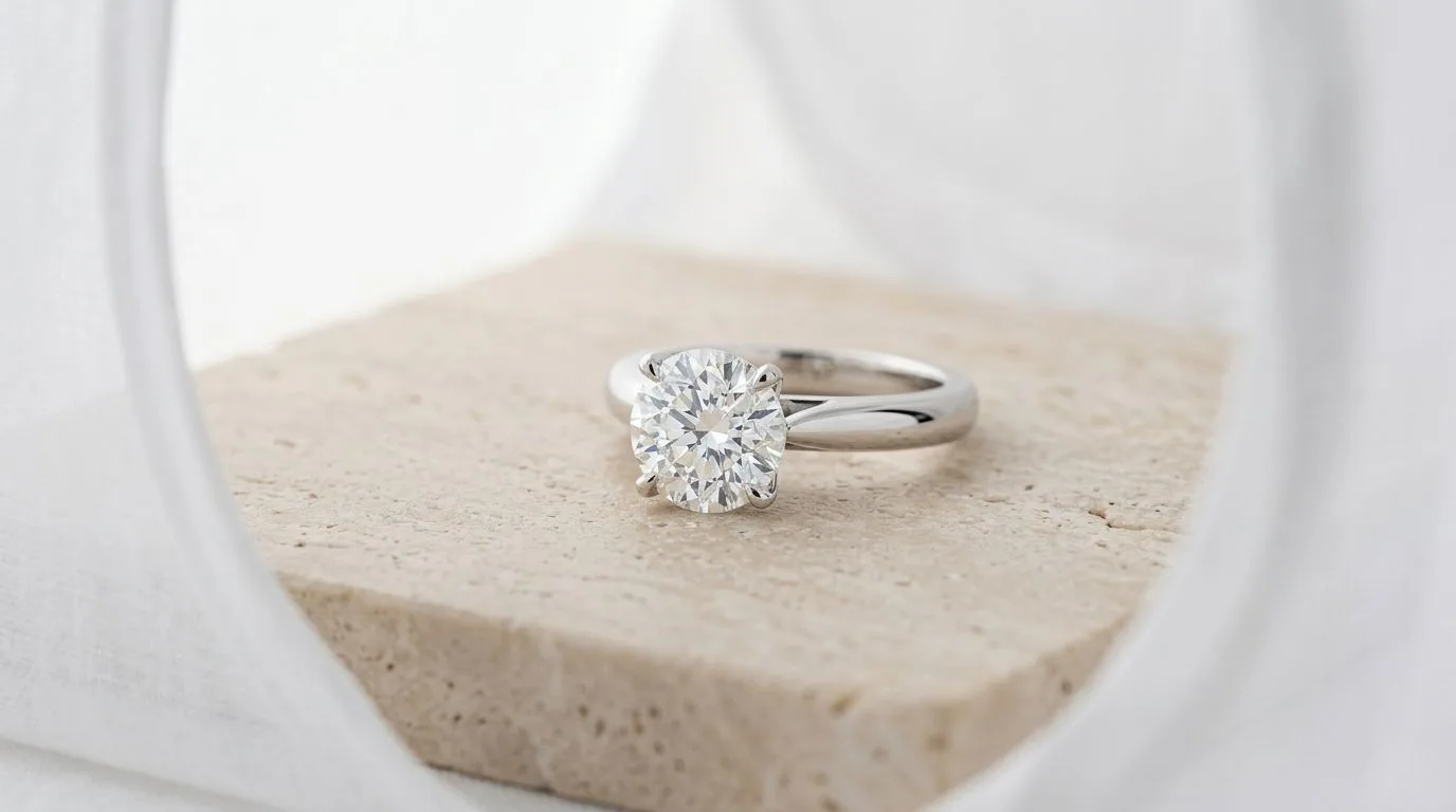 Platinum diamond solitaire ring resting on beige travertine tile inside a translucent white diffusion tent setup