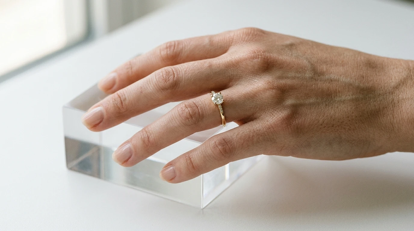 UGC styling of gold gemstone ring on clear acrylic block