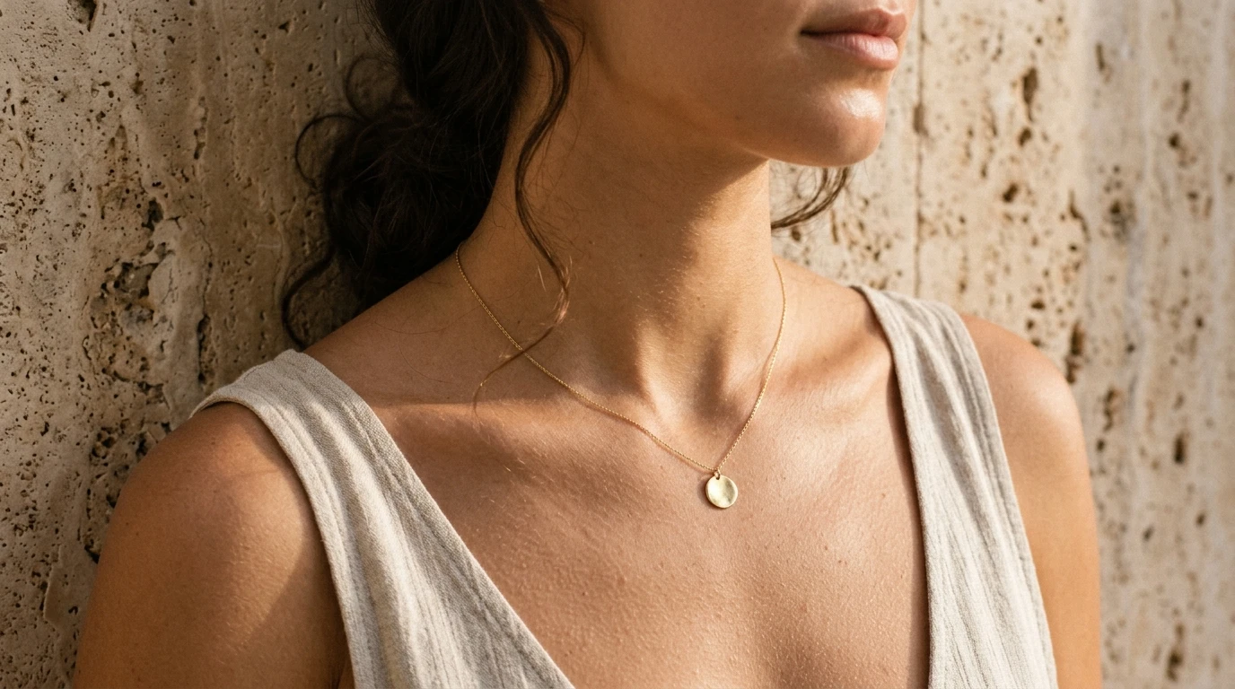 UGC styling of gold pendant necklace against raw travertine stone