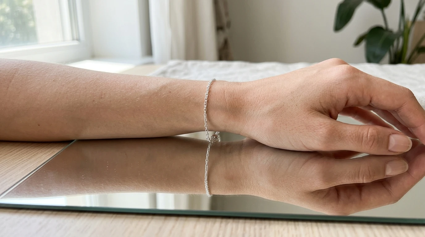 UGC styling of silver chain bracelet on reflective mirror surface