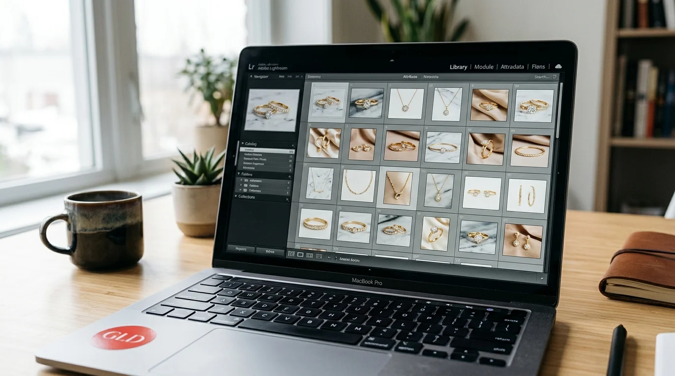 Adobe Lightroom editor showing consistent grid of jewelry product photos