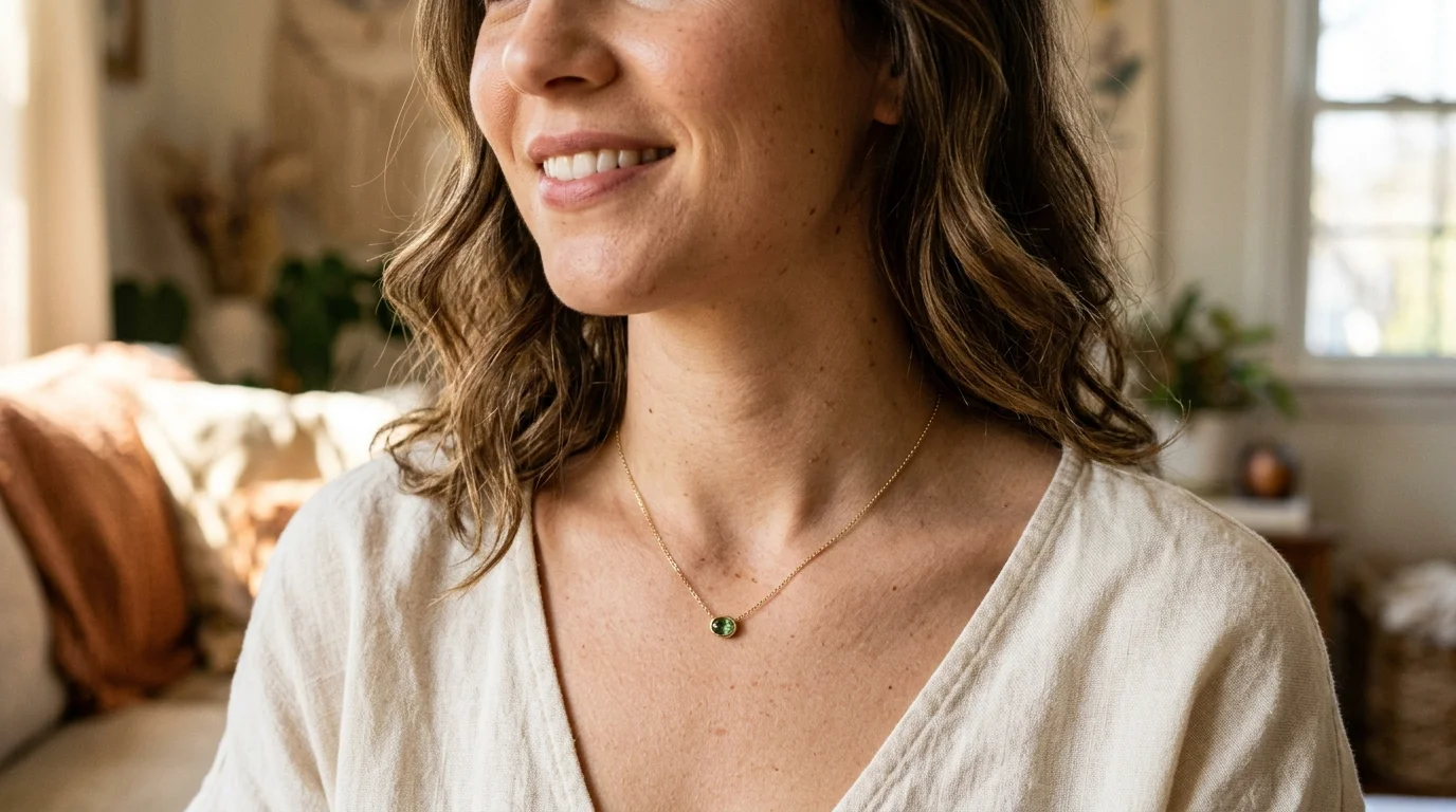 Close-up of model wearing gold pendant necklace for scale reference
