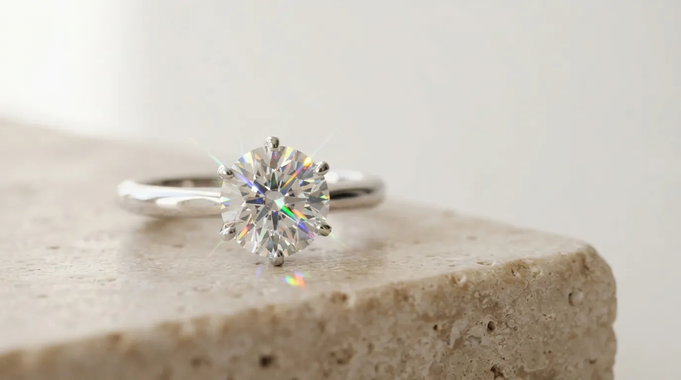 Macro photo of diamond ring facets showing beautiful rainbow optical flares