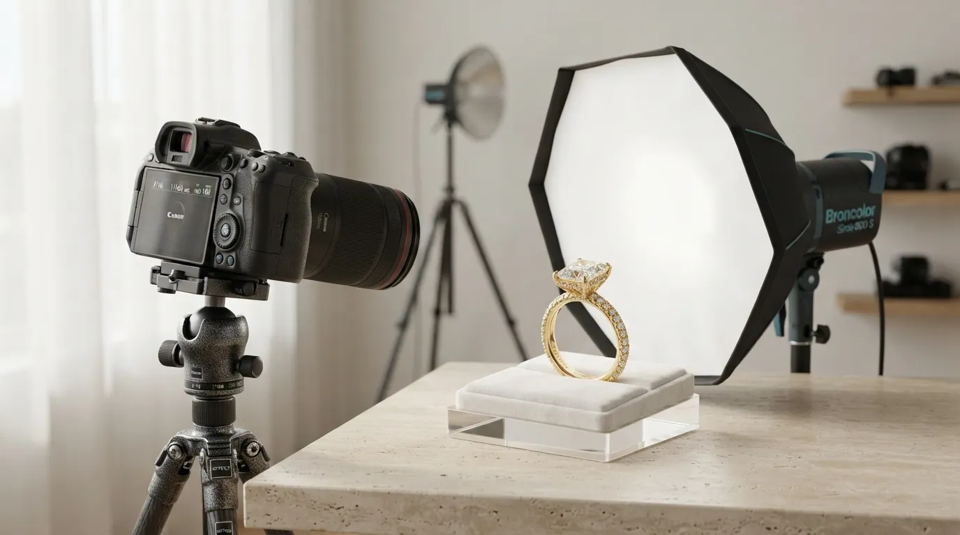 UGC photo showing a camera next to a professional studio strobe light reflecting off a gold ring