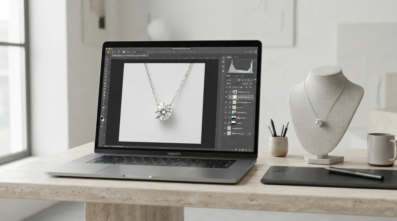Laptop screen displaying Photoshop editing layers for a silver pendant necklace