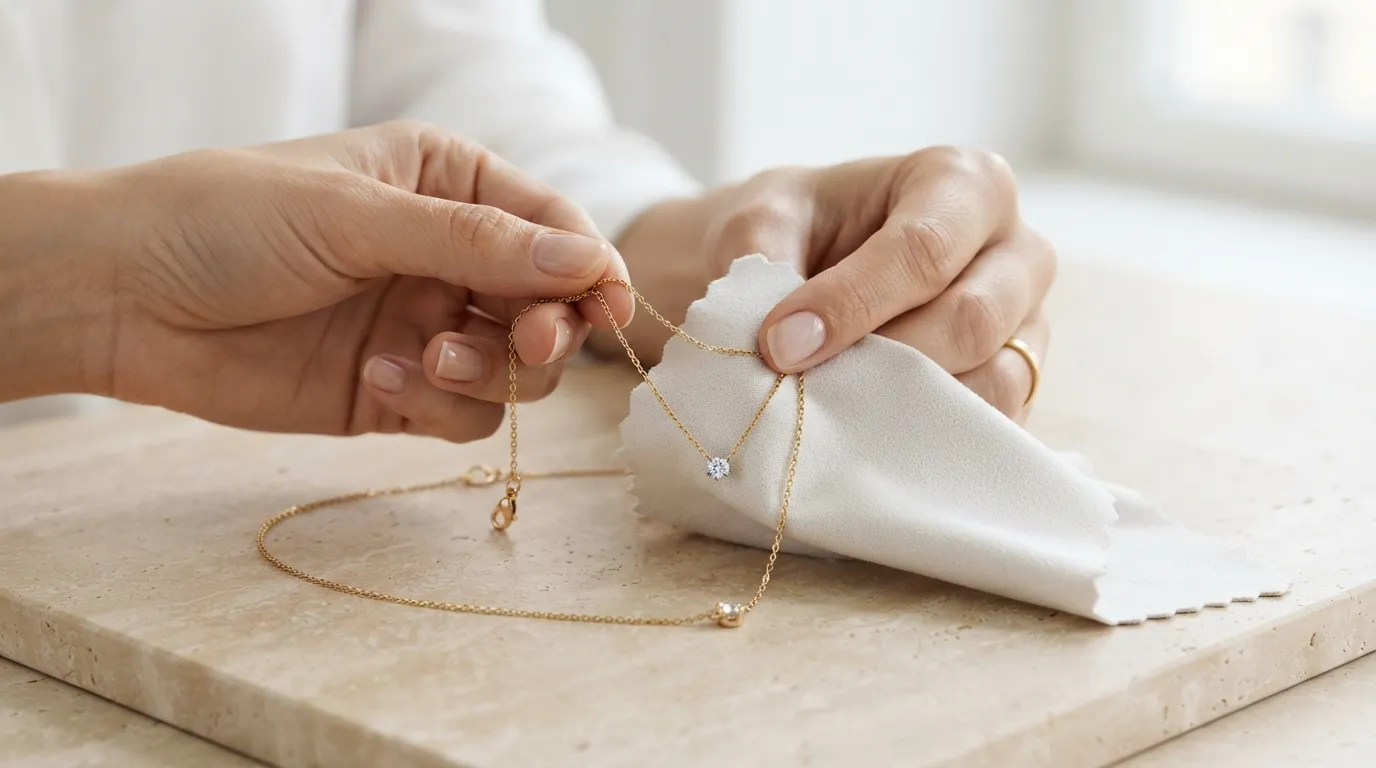 UGC photo of hands polishing a gold necklace with a clean microfiber cloth