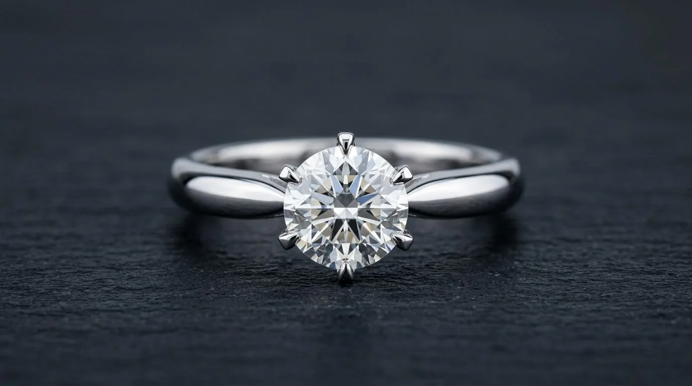 Extreme macro of a white gold diamond engagement ring on dark slate showing dust-free metal reflections