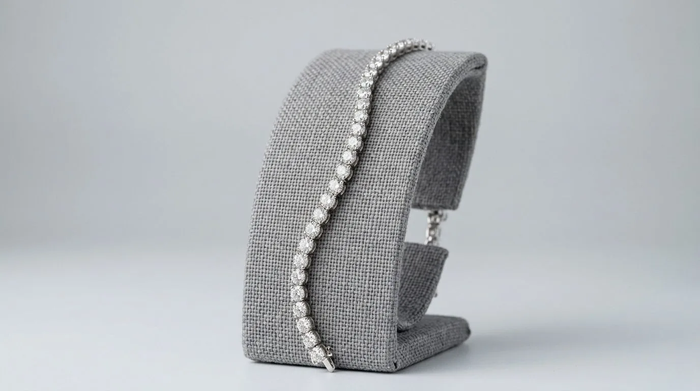Diamond tennis bracelet draped on a grey fabric display stand in an e-commerce catalog style