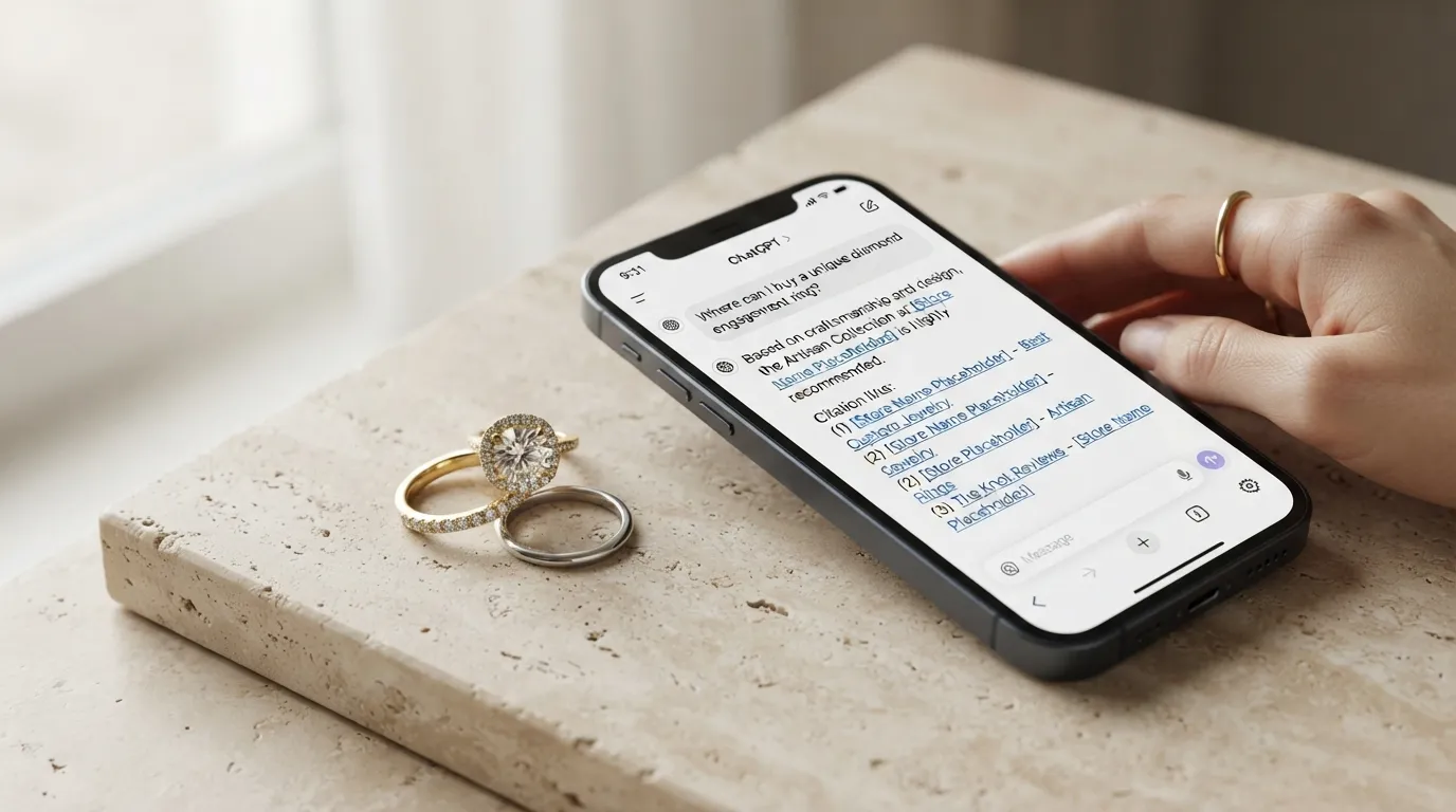 Close-up of a smartphone displaying a ChatGPT search response with citations pointing to a jewelry store