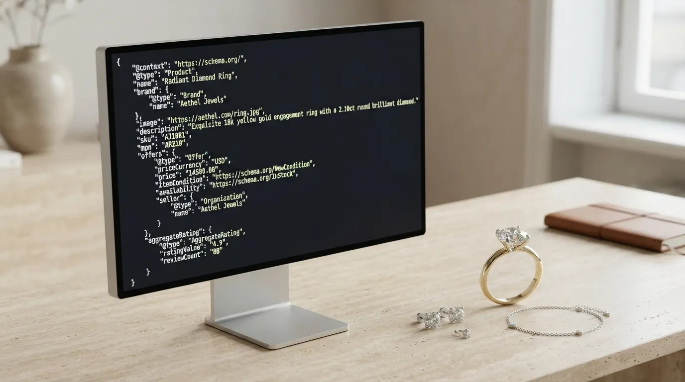 JSON-LD structured schema code displayed on a computer monitor