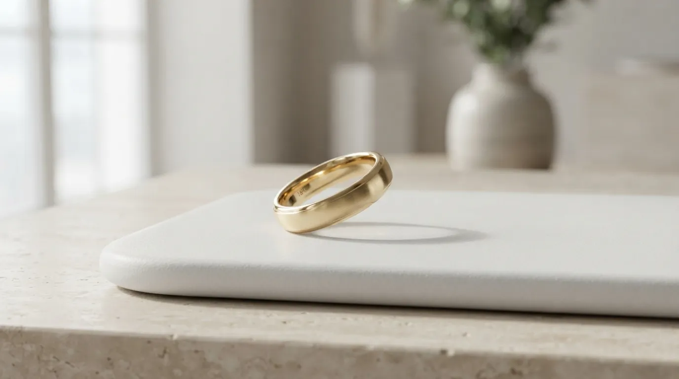UGC photo of a clean gold band ring resting on a sleek white platform in natural daylight