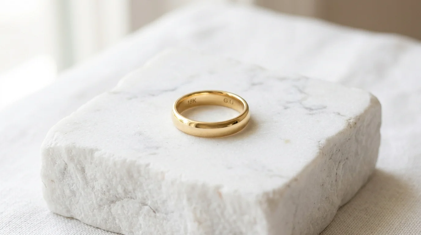 UGC-style photo of an elegant gold ring displayed next to a clean glass of water in soft light