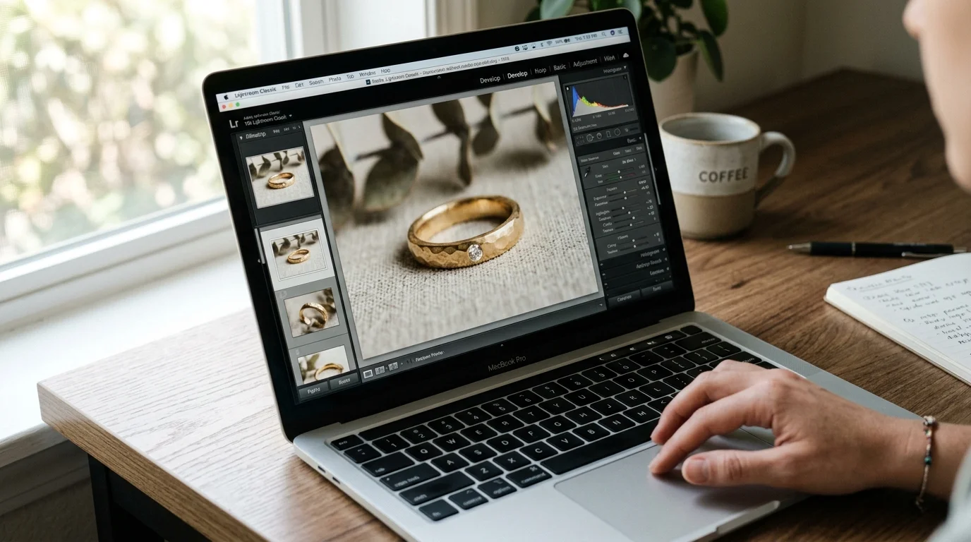 Close-up of a person using a laptop to process jewelry photos on a desk next to a window