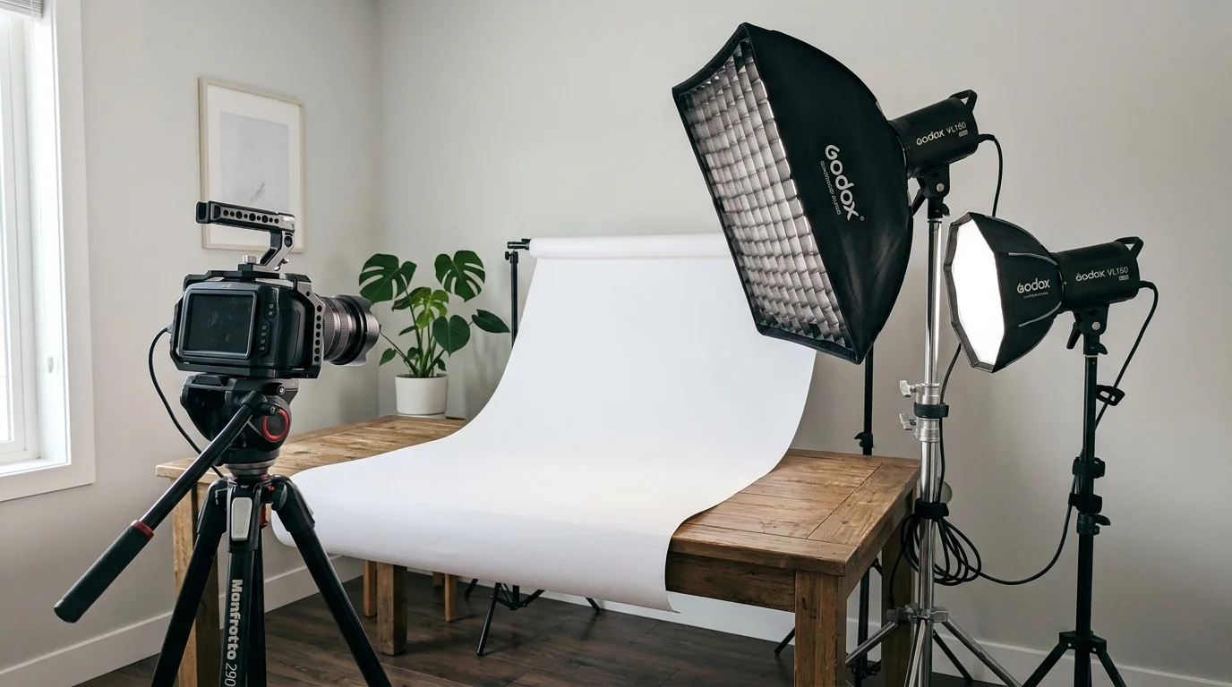 UGC photo of a complex home studio setup with studio lights, softboxes, tripod, and light reflectors