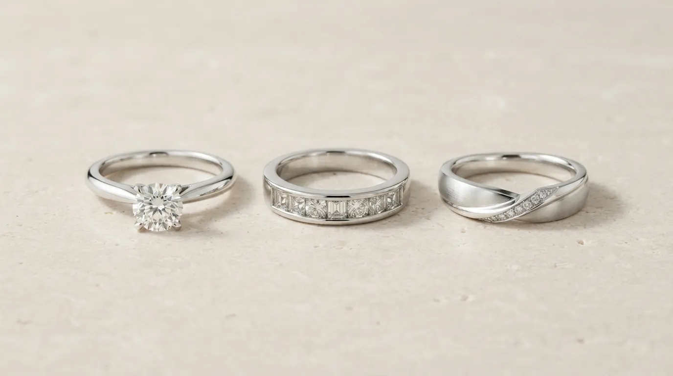 A consistent grid of three distinct silver rings on white background