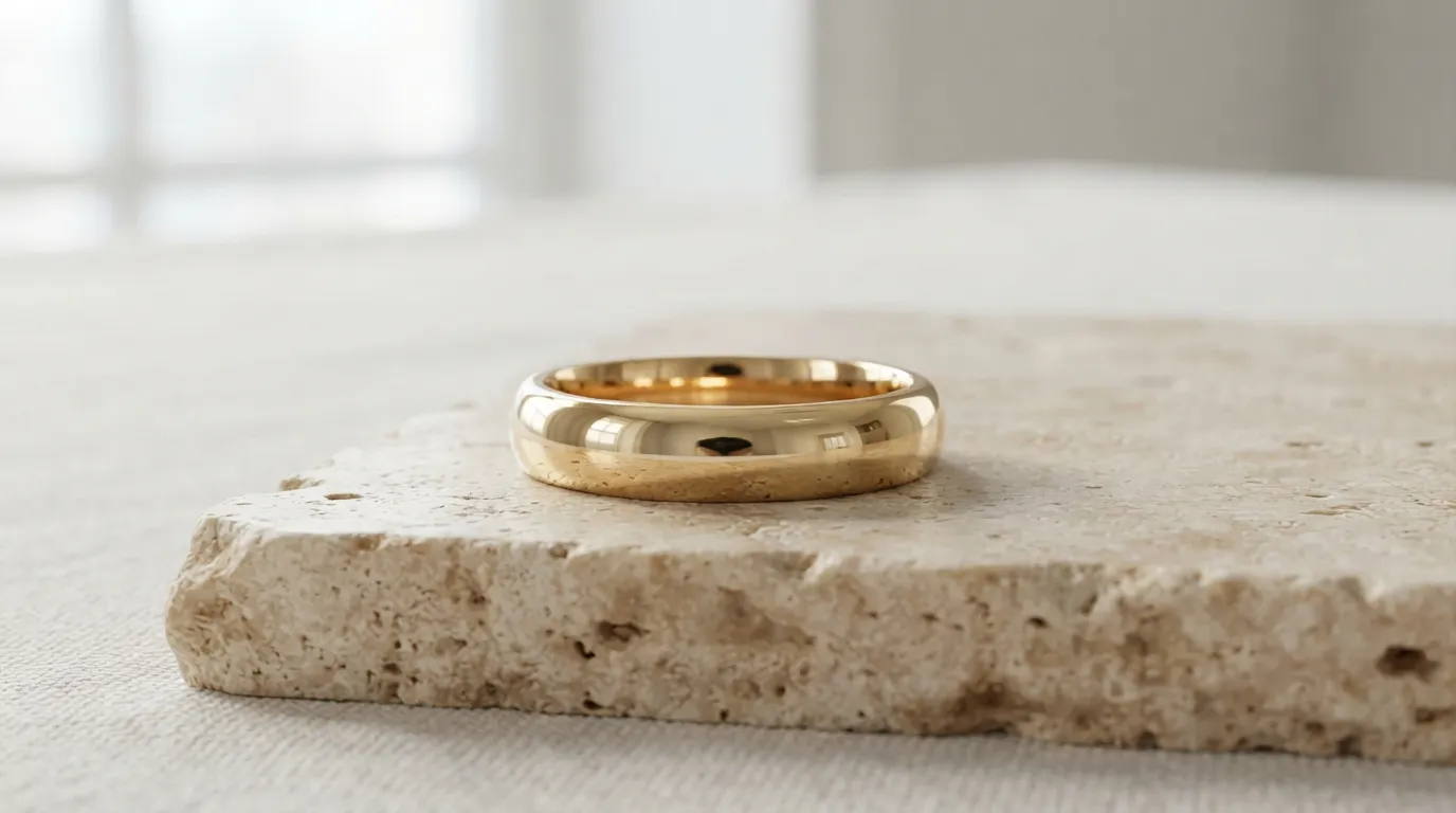 Macro close-up photo showing a gold wedding band with sharp metallic textures and reflections