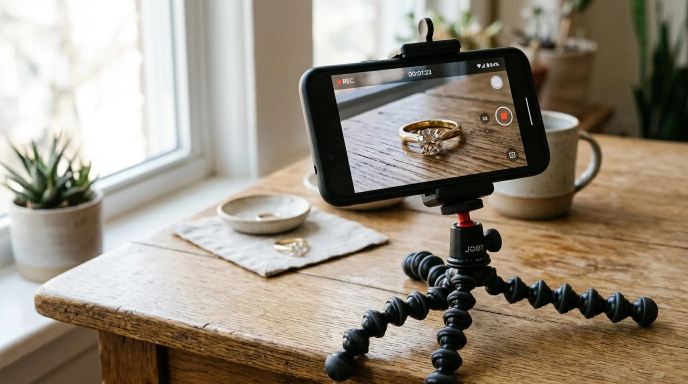 Close-up UGC-style photo of a smartphone mounted on a mini tripod recording a gold bracelet spin