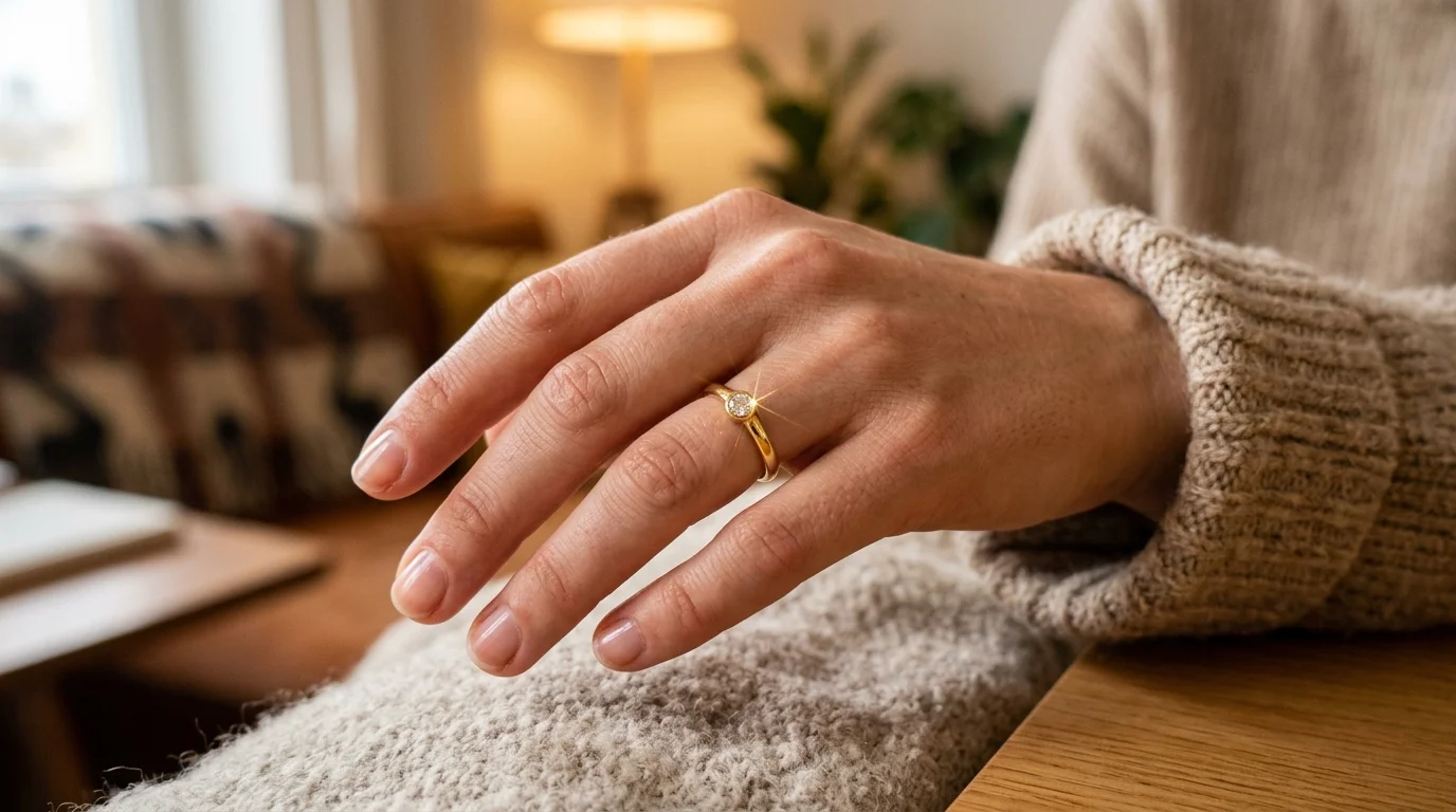 Delicate gold ring rotating slowly under directional spotlight, showing sparkling diamond facets