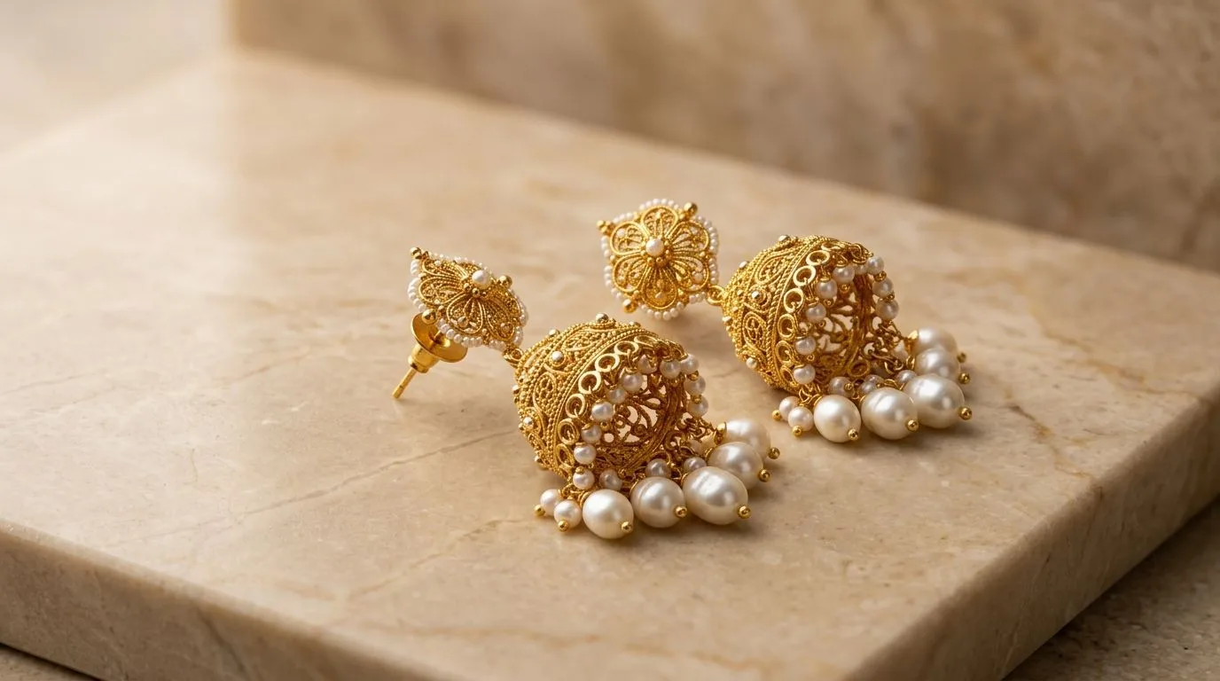 Handcrafted gold Jhumka earrings with pearl drops resting on smooth sand marble tile