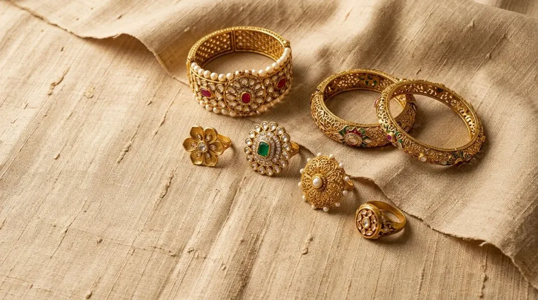 Traditional gold bridal rings and bangles arranged flat-lay on textured raw beige silk background