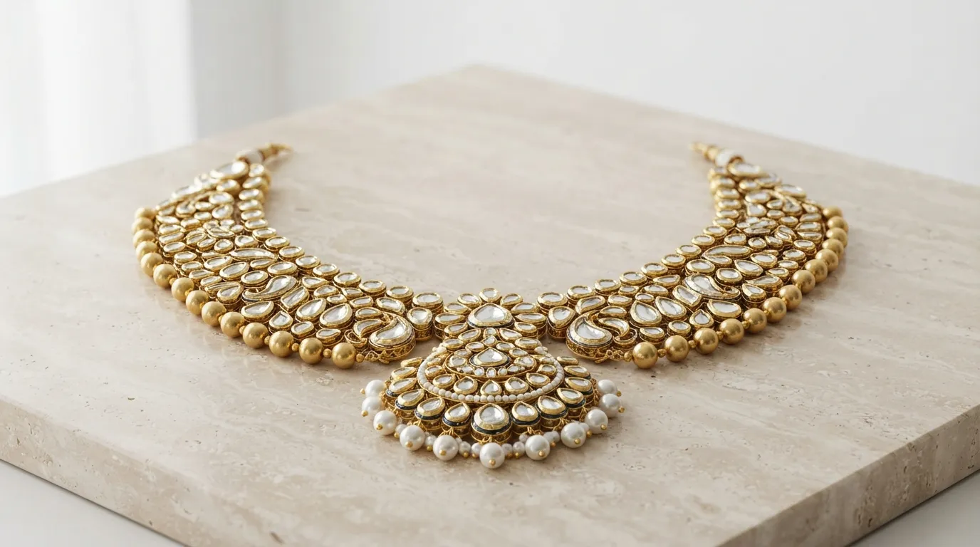 Close-up UGC photo of a traditional Kundan necklace showing glass stone foil details