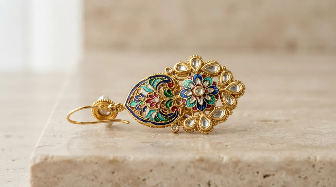 Detailed UGC photo of the reverse side of a Polki earring showing colorful meenakari enamel work