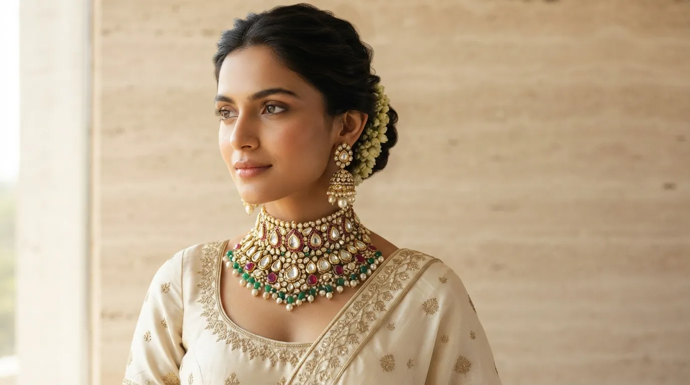 UGC photo of a model wearing a heavy Kundan bridal choker set, warm sunlit portrait