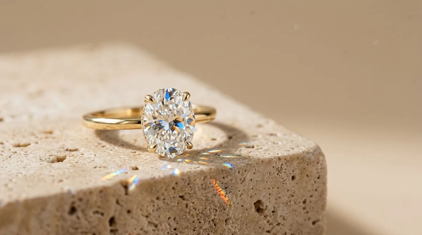 Oval-cut lab-grown diamond solitaire ring capturing spectral rainbow reflections on travertine block