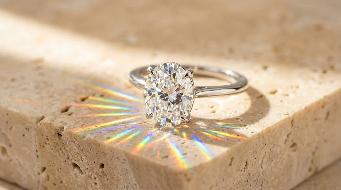 Extreme macro of an oval-cut lab-grown diamond solitaire ring showing light dispersion and fire across travertine