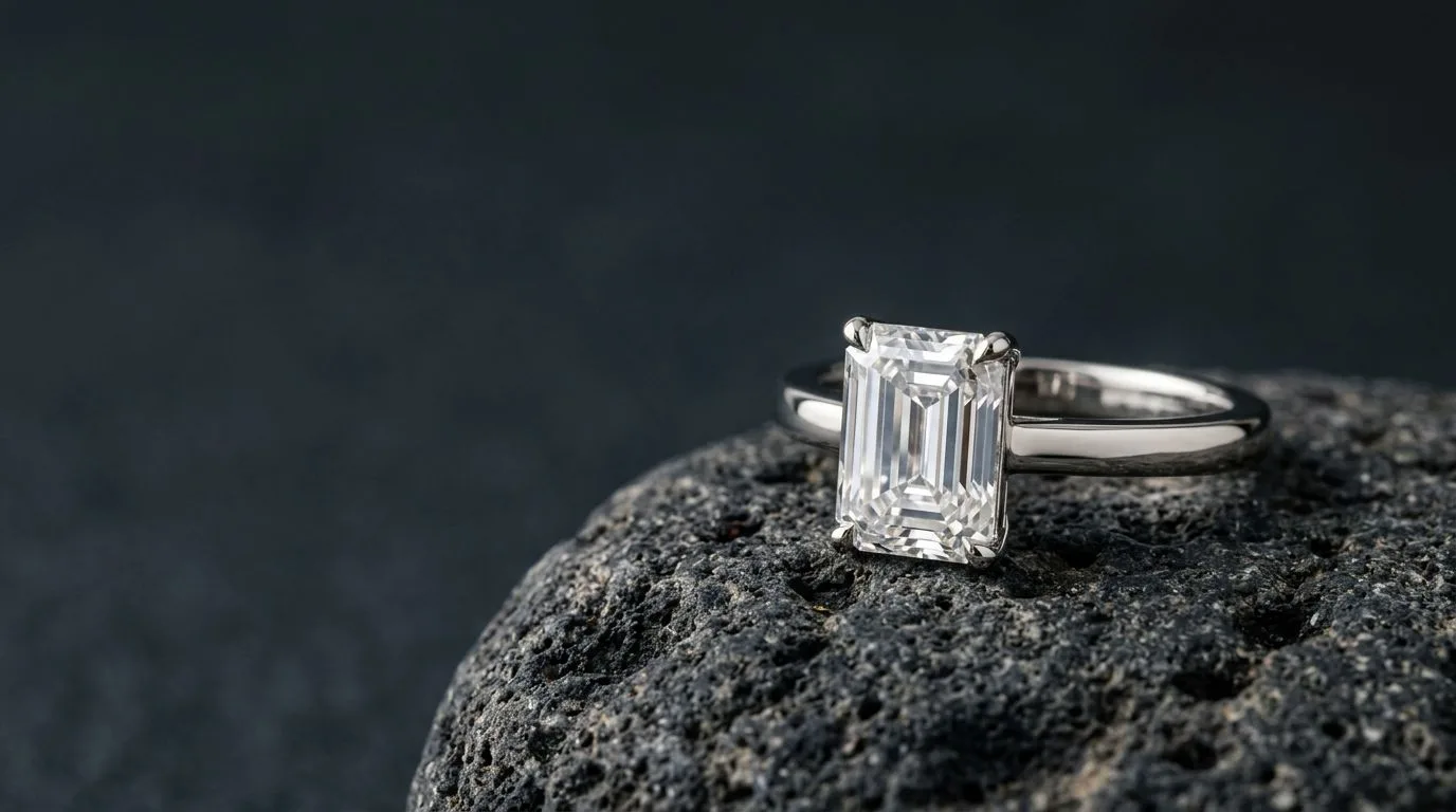 Emerald-cut lab-grown diamond engagement ring resting on textured black volcanic rock