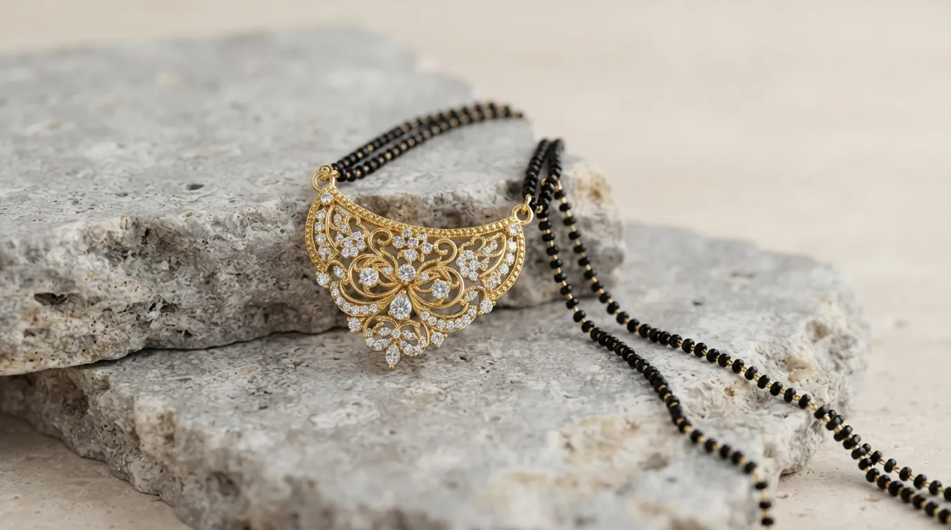 Close-up photo of an intricate gold Mangalsutra pendant with diamonds on a textured grey stone