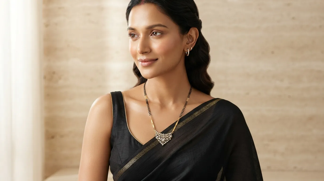 UGC close-up photo of a model wearing a gold Mangalsutra necklace over a black saree