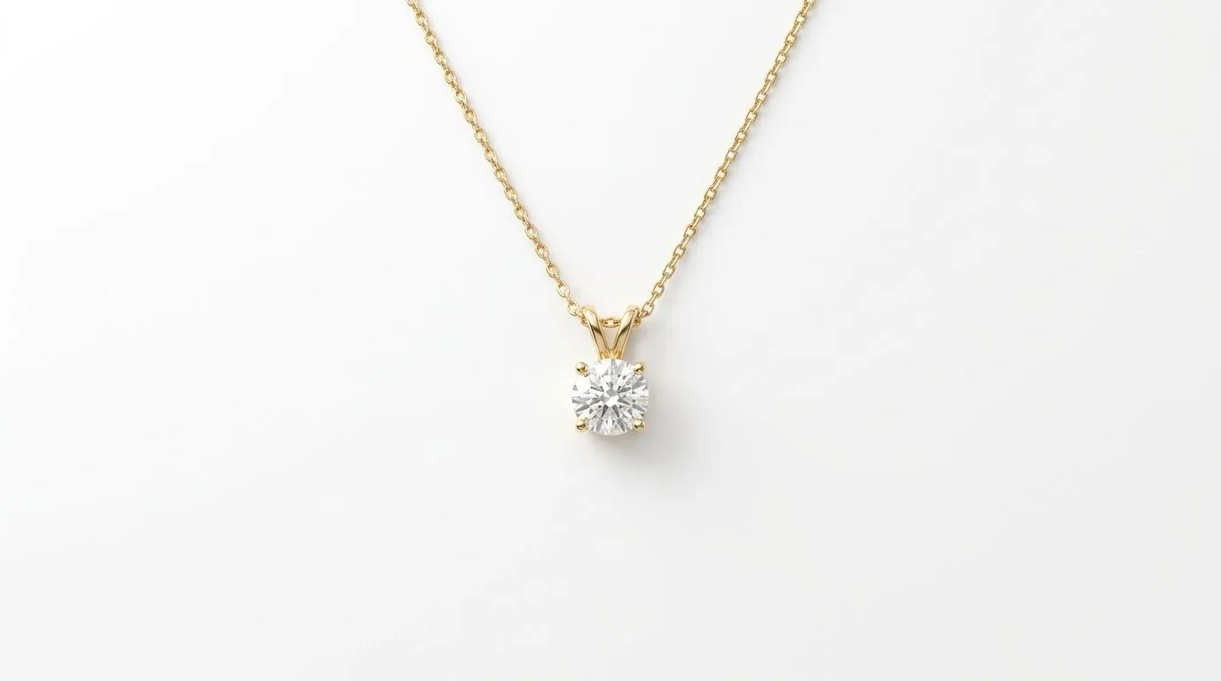 Gold diamond pendant necklace on pure white 255 background complying with Myntra and Flipkart specs